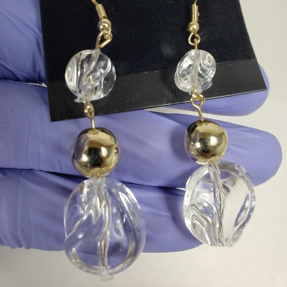 Clear Twisted Bead Drop Earrings w/ Gold tone Accent Modern Statement Dangle - Picture 8 of 10